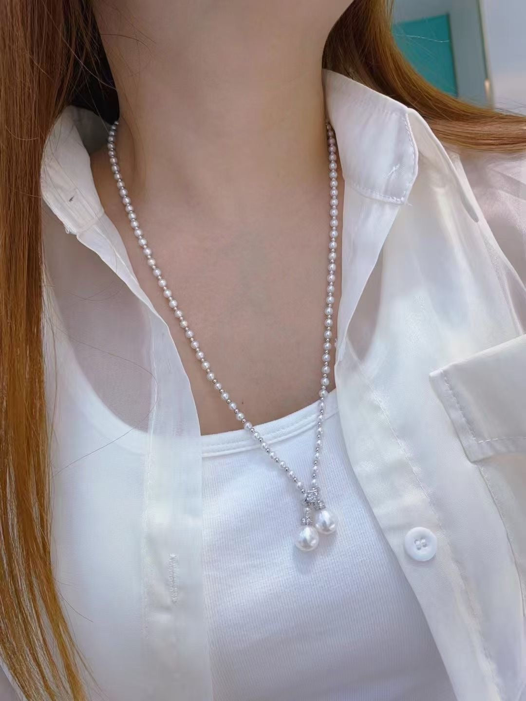 High quality aurora white color freshwater pearls necklace