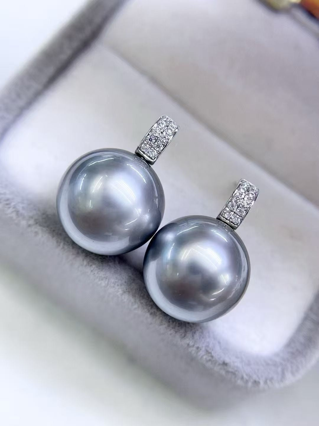 High quality “Ocean blue”platinum grey color Tahitian pearls earrings