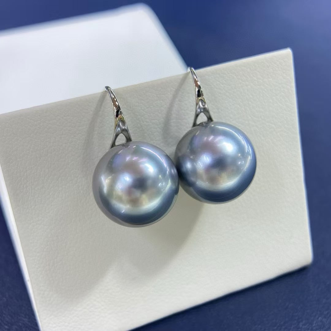 High quality aurora “ocean blue” platinum grey color Tahitian pearls earrings