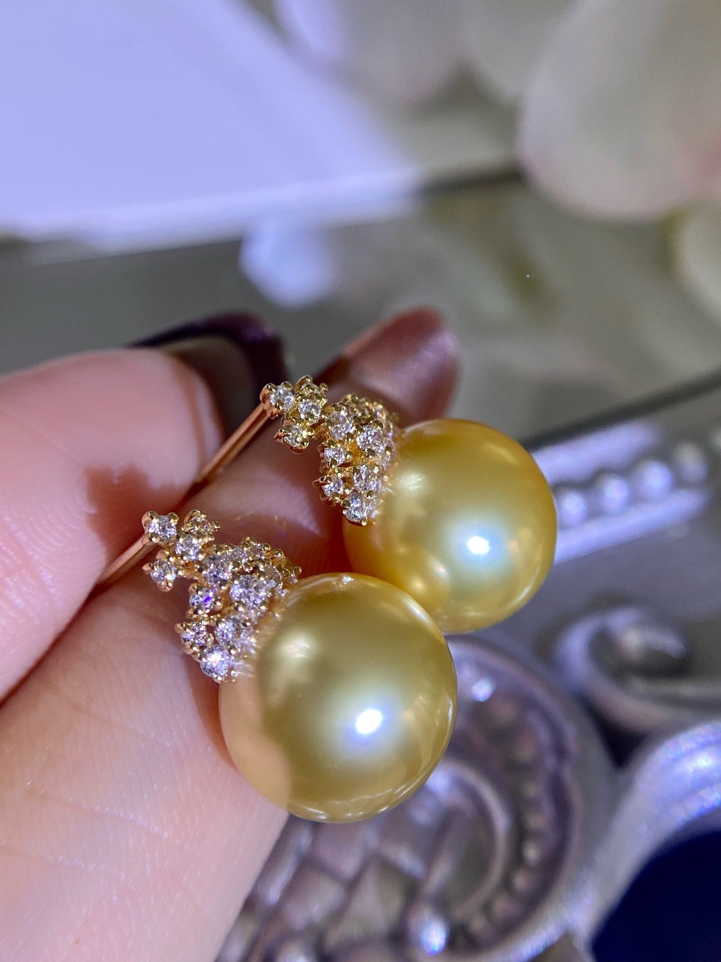 High quality “Christmas tree”deep gold color Golden southsea pearls earrings