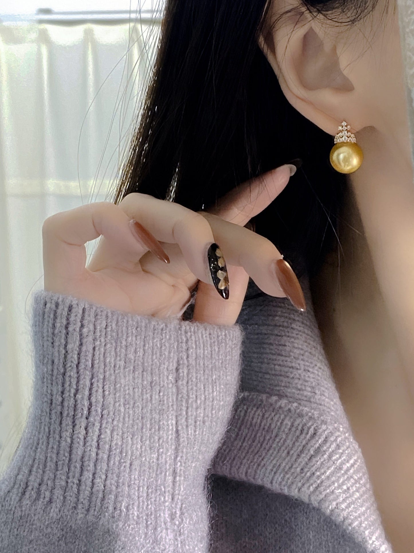 High quality “Christmas tree”deep gold color Golden southsea pearls earrings