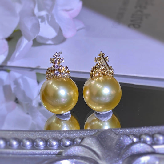 High quality “Christmas tree”deep gold color Golden southsea pearls earrings