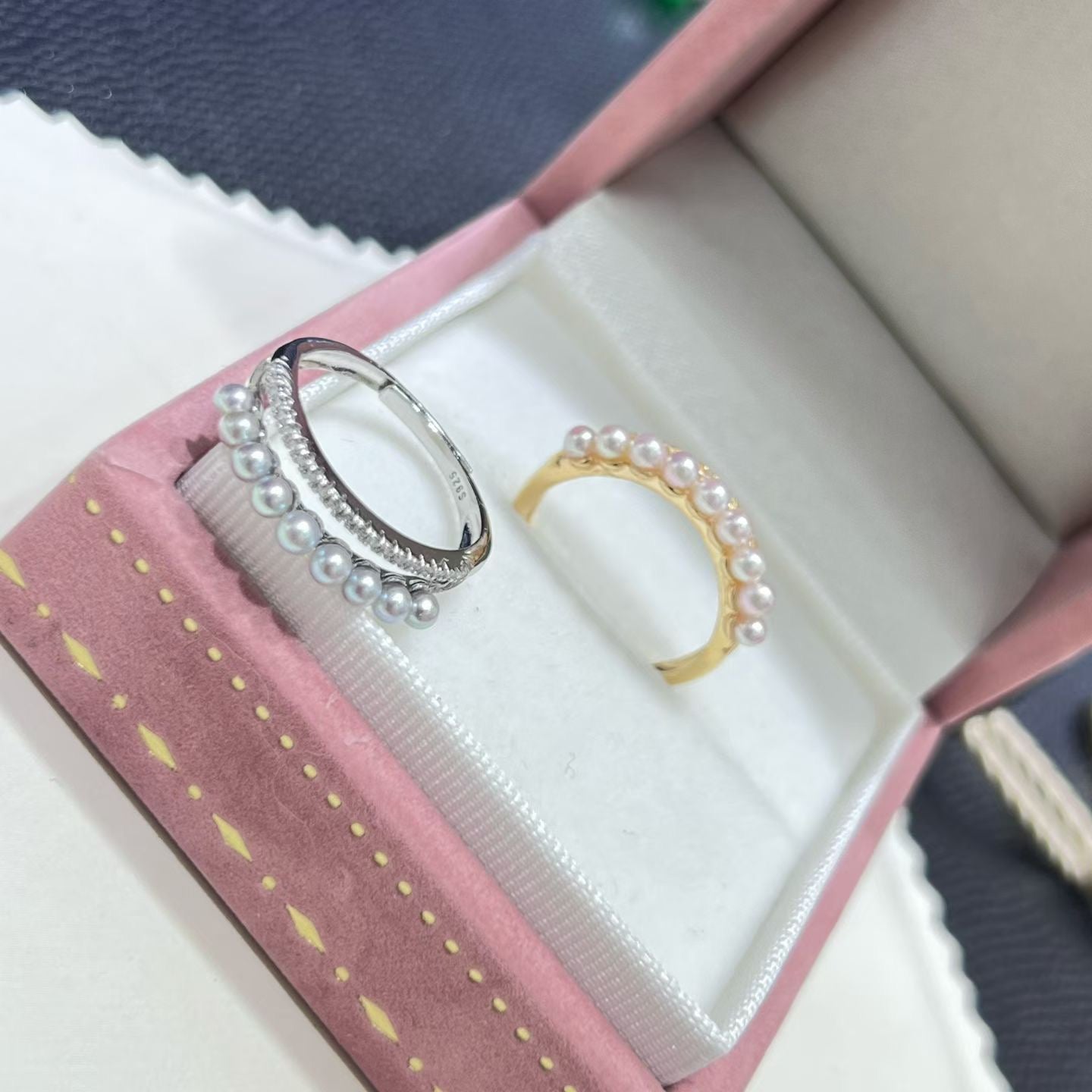 High quality silver blue & sakura pink color seawater akoya pearls ring