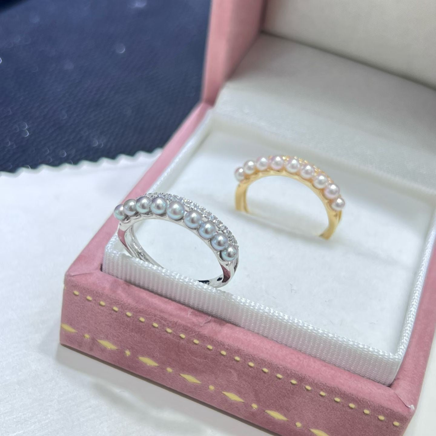 High quality silver blue & sakura pink color seawater akoya pearls ring