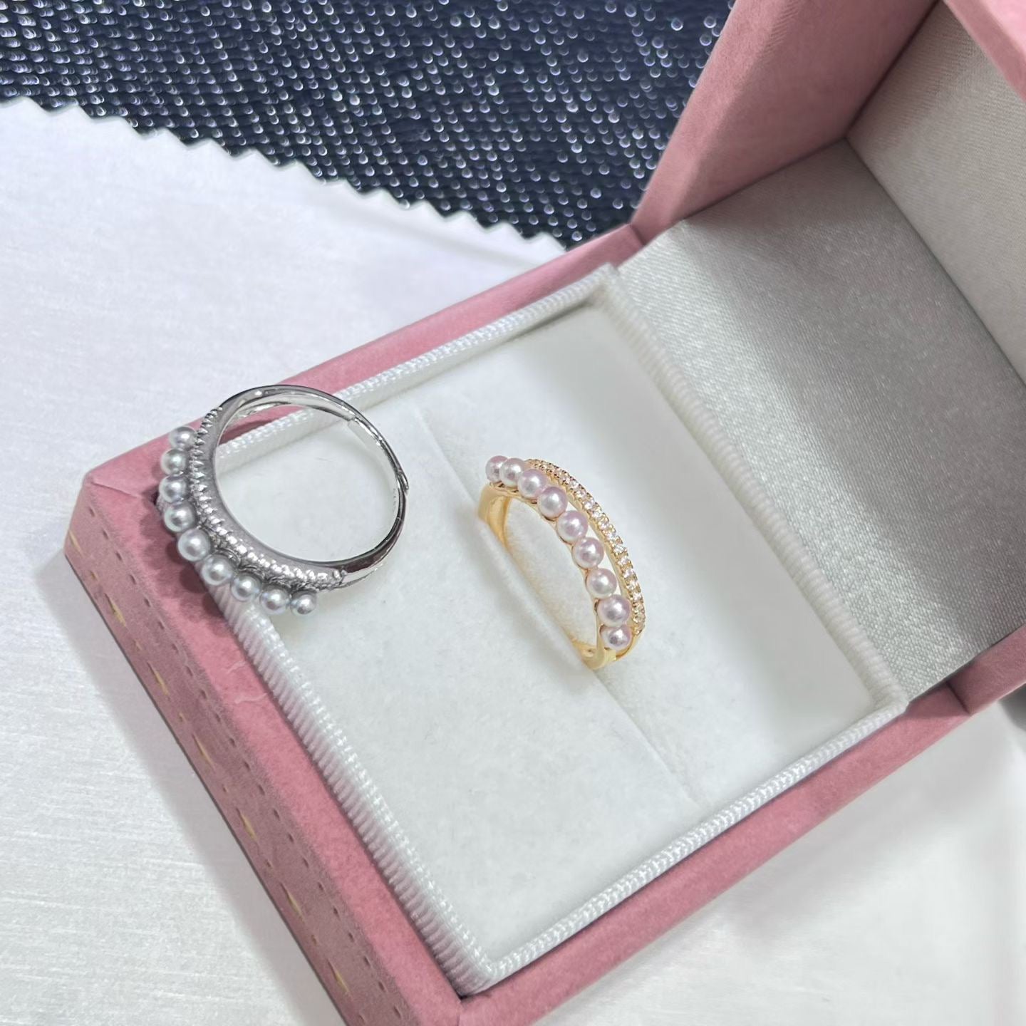 High quality silver blue & sakura pink color seawater akoya pearls ring