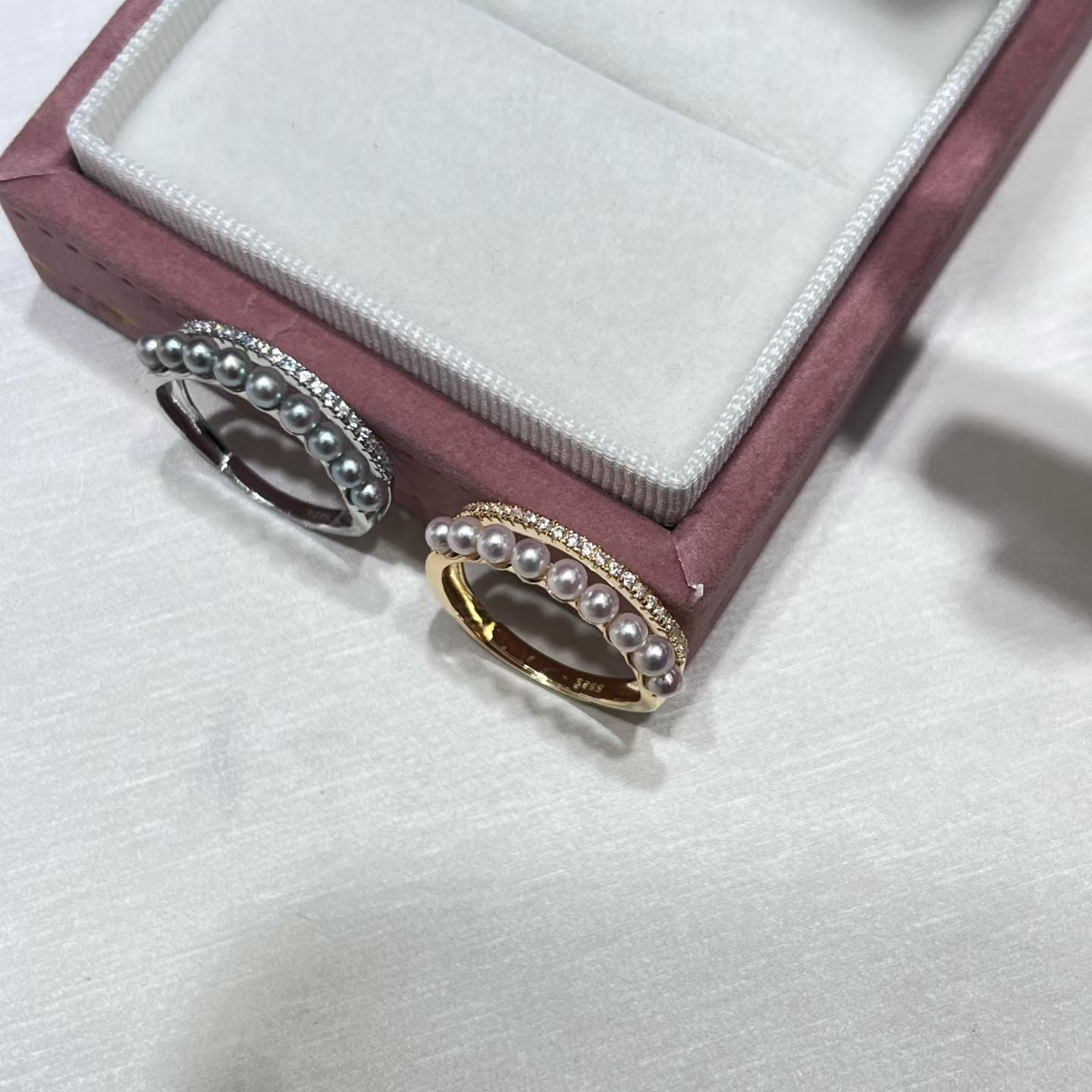 High quality silver blue & sakura pink color seawater akoya pearls ring