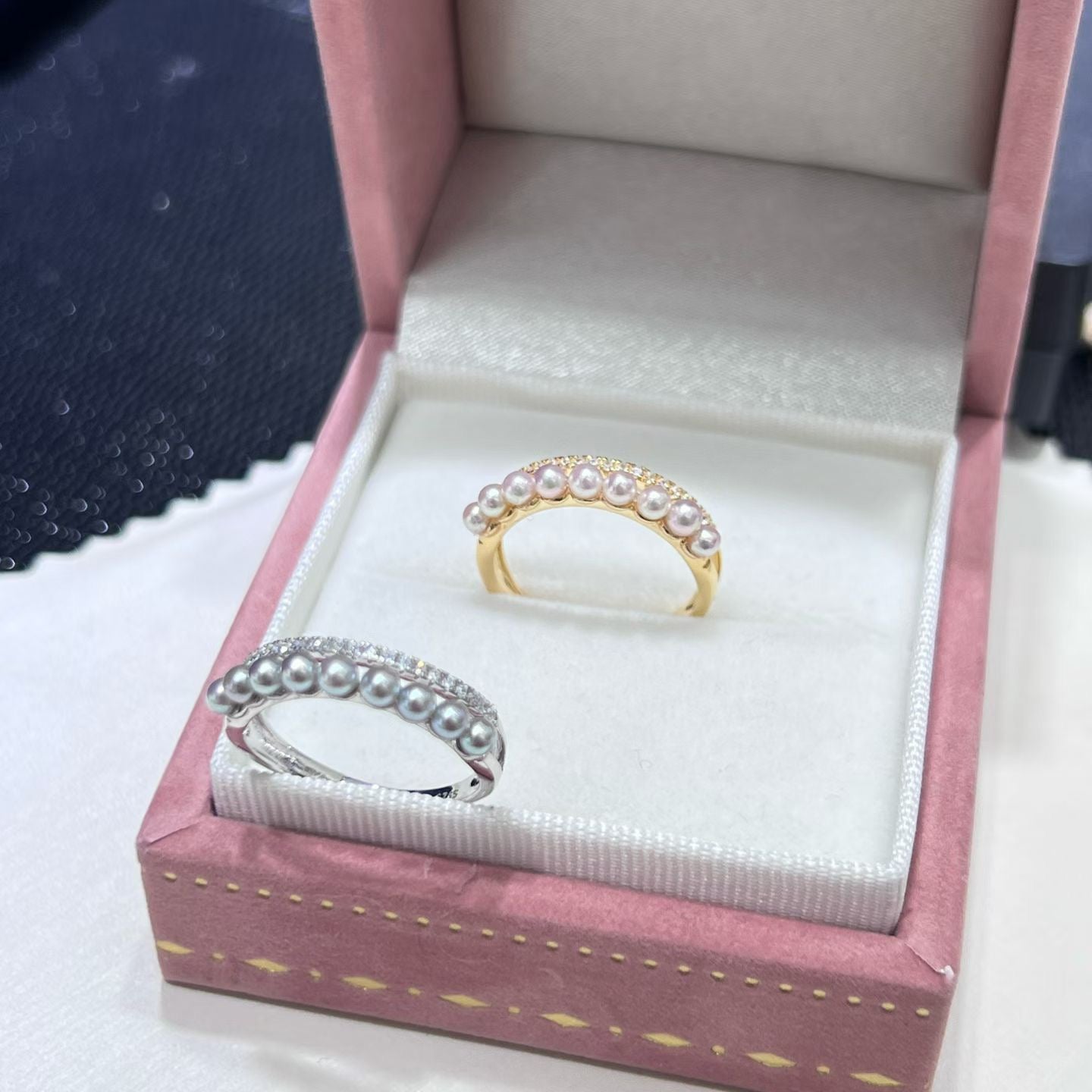 High quality silver blue & sakura pink color seawater akoya pearls ring