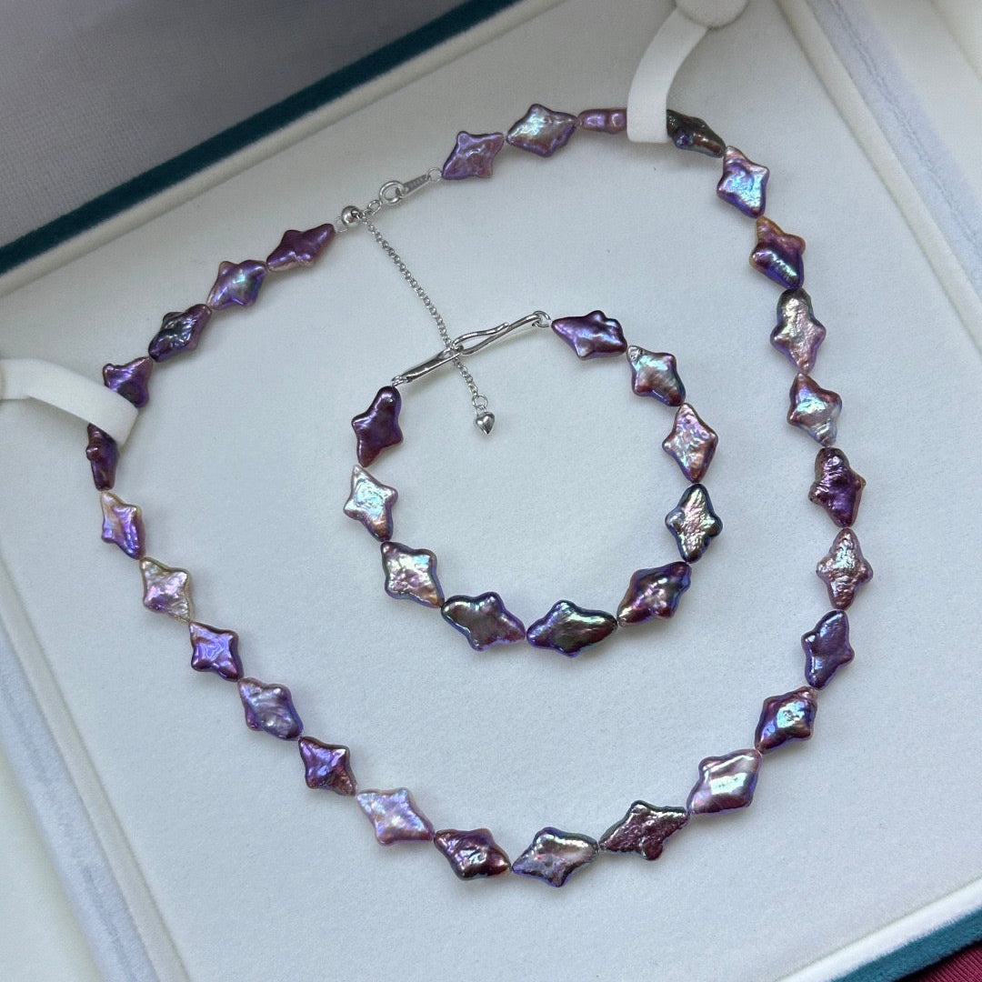 High quality “Star”deep purple color baroque pearls necklace & bracelet a set