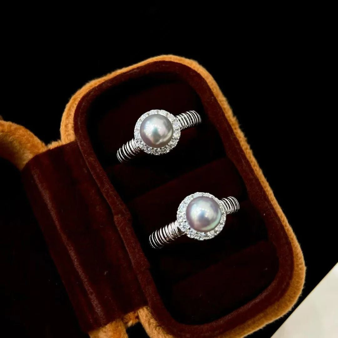 High quality silver blue color seawater MADAMA pearl ring