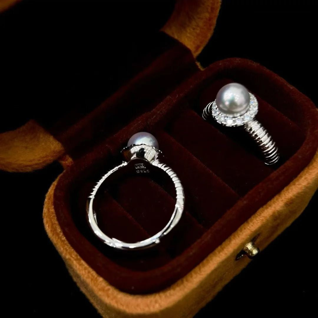 High quality silver blue color seawater MADAMA pearl ring