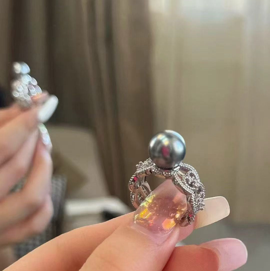 High quality black color Tahitian pearl ring