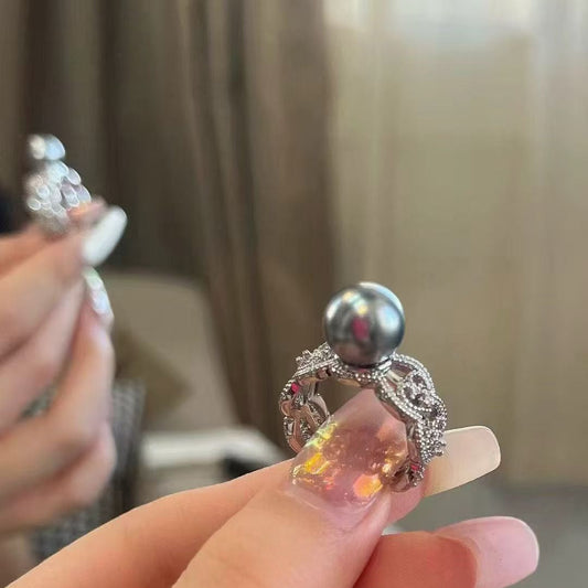 High quality black color Tahitian pearl ring