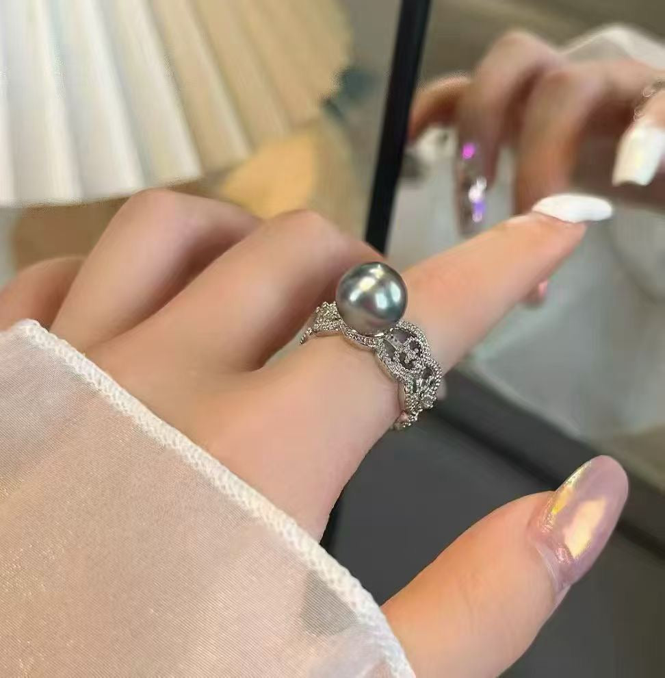 High quality black color Tahitian pearl ring