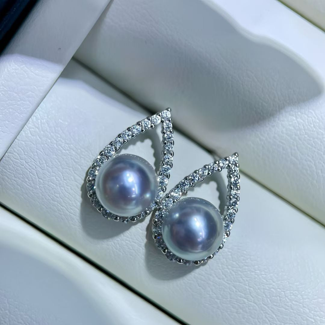 High quality silver blue color seawater MADAMA pearl earrings
