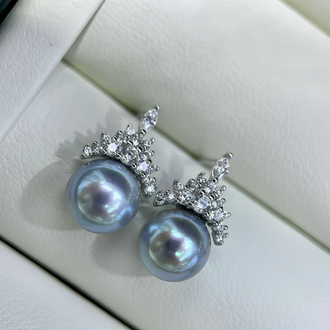 High quality silver blue color seawater MADAMA pearl earrings