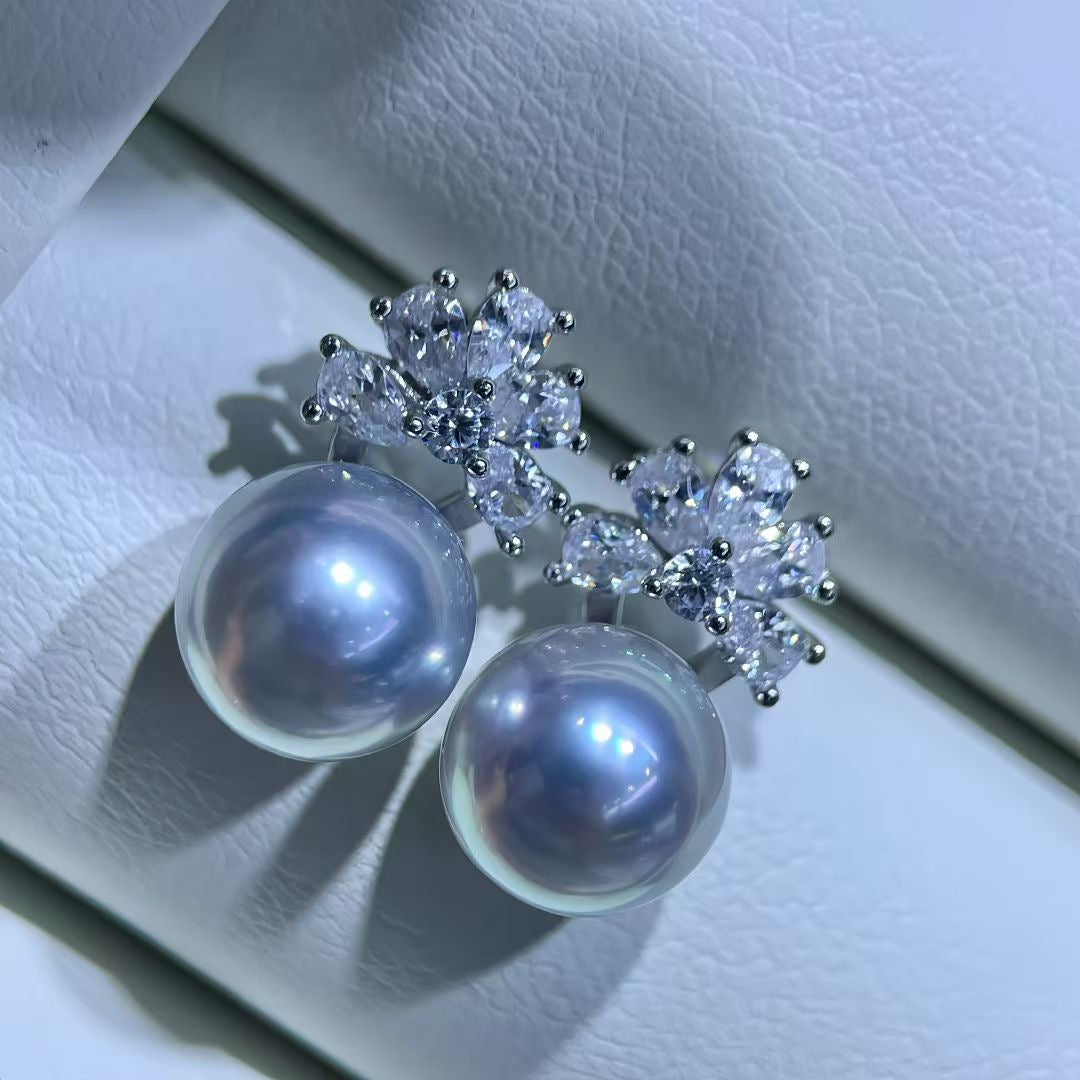 High quality silver blue color seawater MADAMA pearl earrings