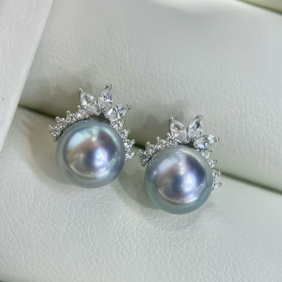 High quality silver blue color seawater MADAMA pearl earrings