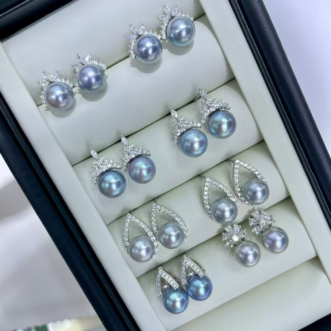 High quality silver blue color seawater MADAMA pearl earrings