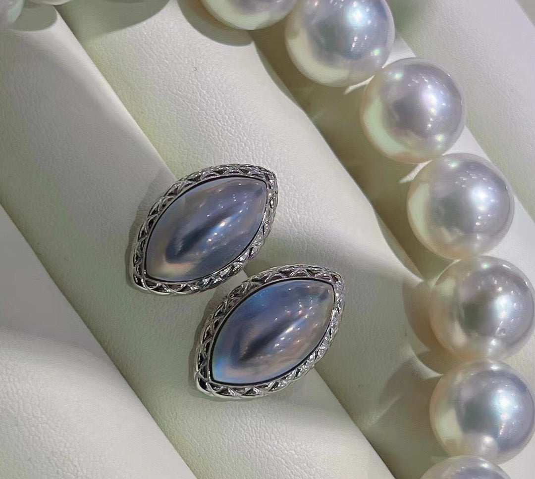 High quality sky blue Japan seawater Mabe pearls earrings studs