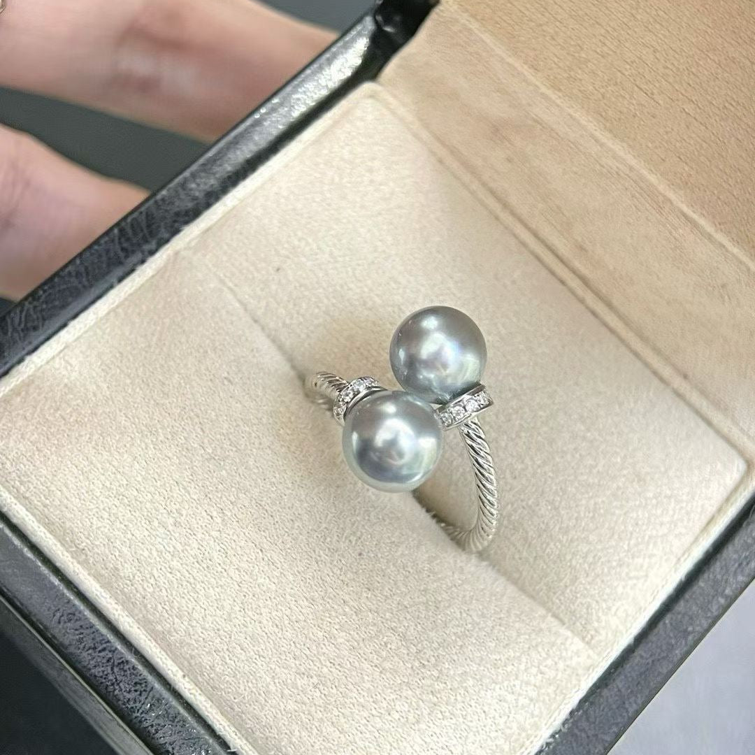 High quality silver blue color seawater MADAMA pearls double bead ring