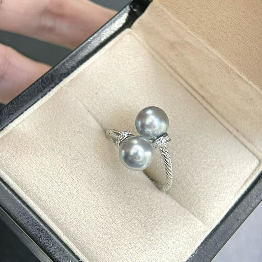 High quality silver blue color seawater MADAMA pearls double bead ring