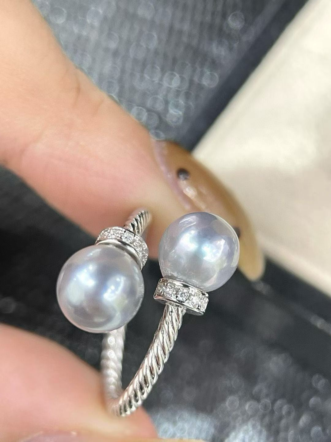 High quality silver blue color seawater MADAMA pearls double bead ring