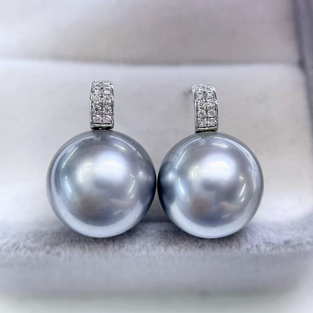 High quality “Ocean blue”platinum grey color Tahitian pearls earrings