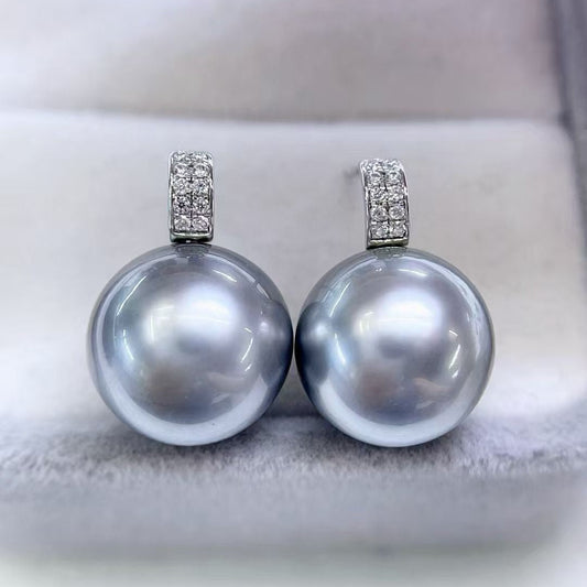 High quality “Ocean blue”platinum grey color Tahitian pearls earrings