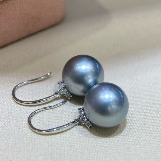 High quality “Ocean blue”platinum grey color Tahitian pearls earrings