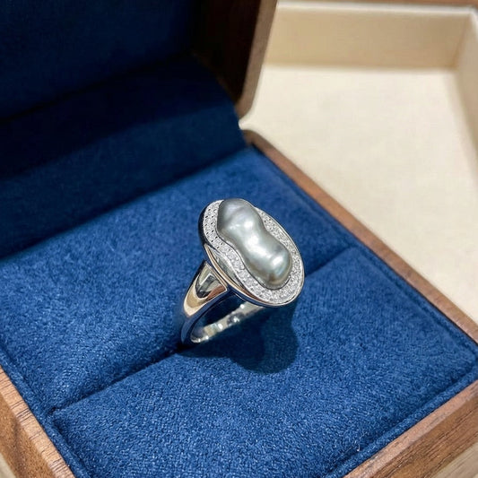 High quality platinum grey color Tahitian keshi pearl ring