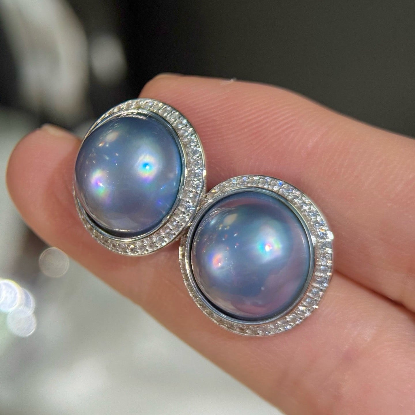 High quality sky blue color seawater Mabe pearls earrings