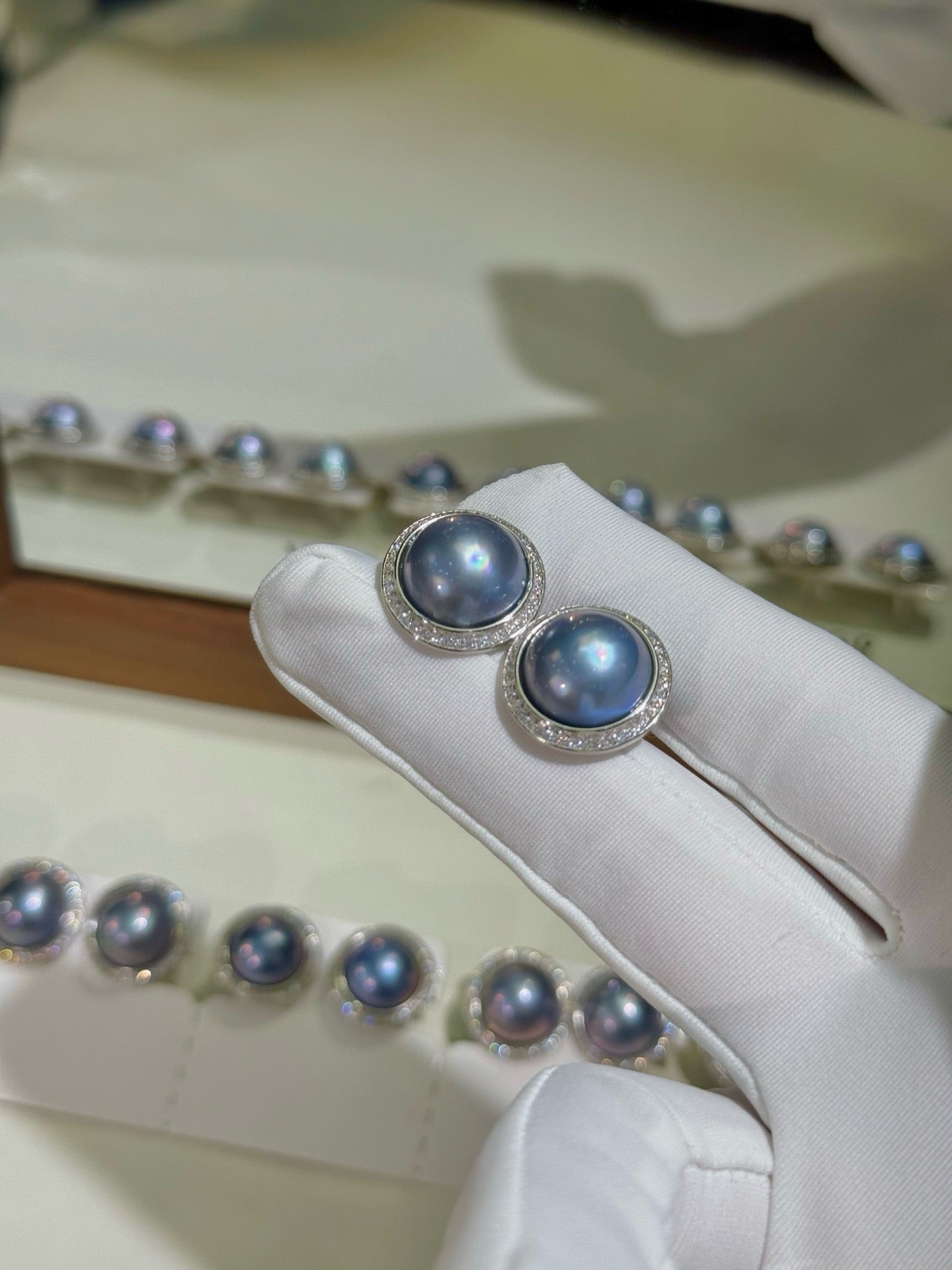 High quality sky blue color seawater Mabe pearls earrings