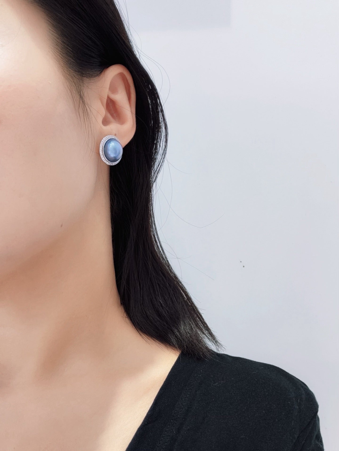 High quality sky blue color seawater Mabe pearls earrings