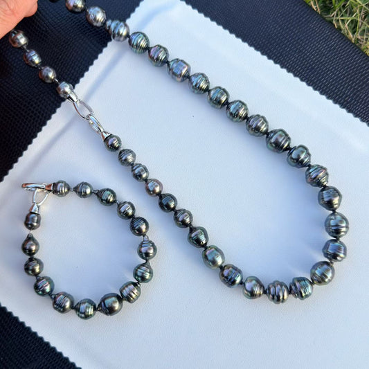 High quality black color thread Tahitian baroque pearls necklace & bracelet a set