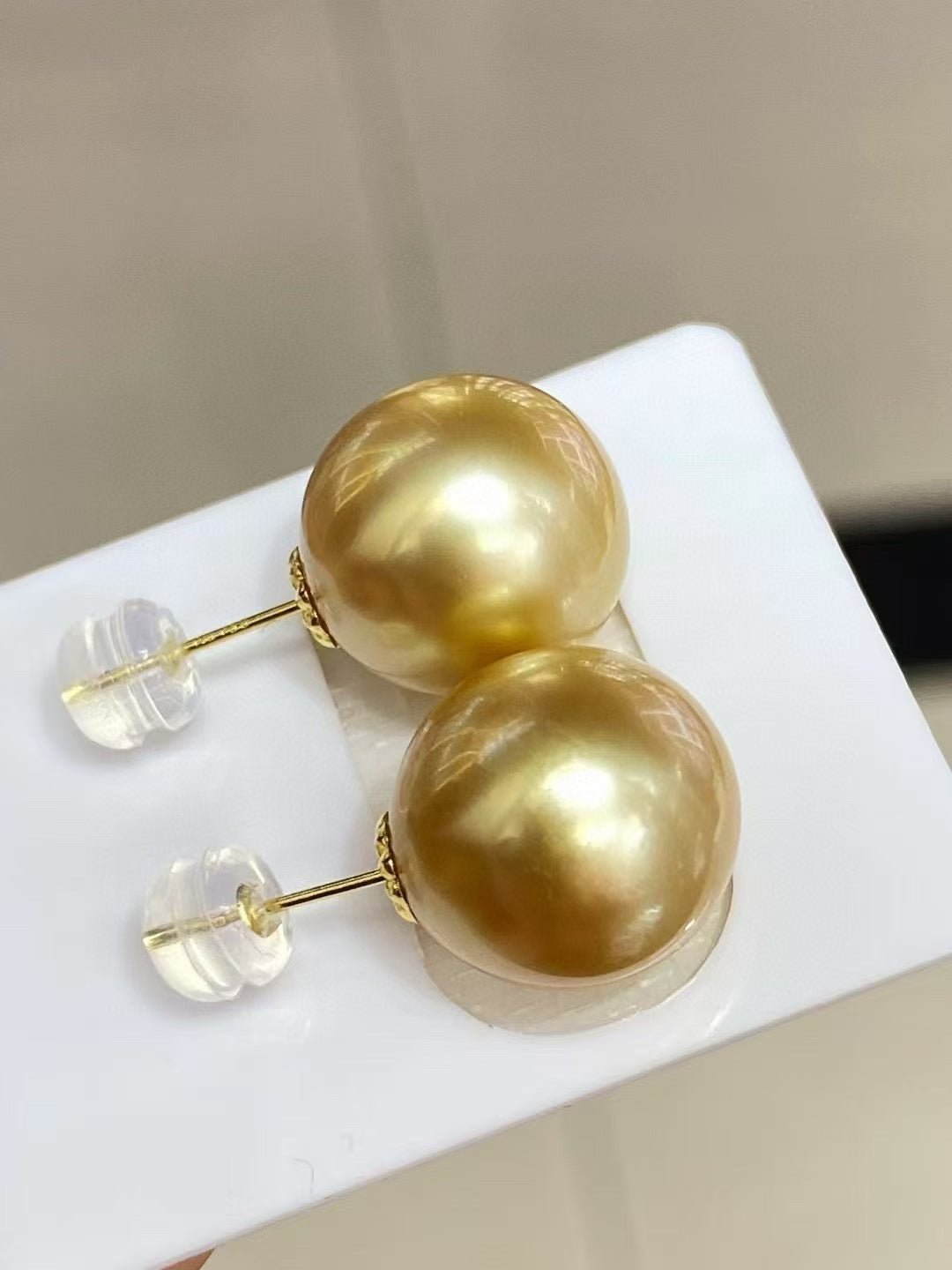 High quality deep gold color Golden southsea pearls earrings studs
