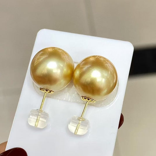 High quality deep gold color Golden southsea pearls earrings studs