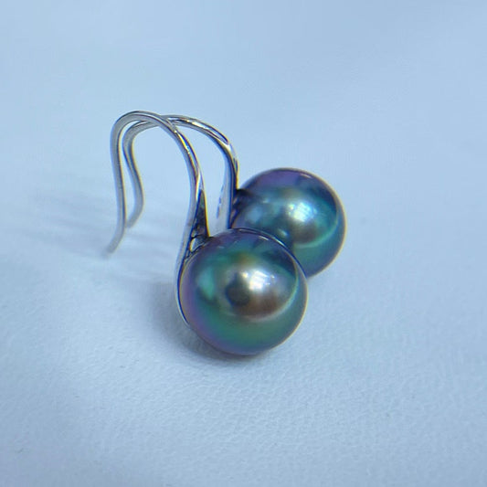 Top quality rare malachite green color with purple overtone Tahitian pearls earrings