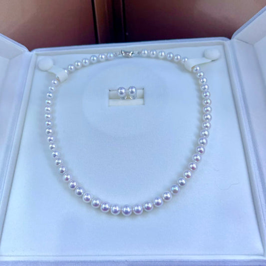 Top quality aurora white with pink color overtone freshwater akoya pearls necklace & earrings a set