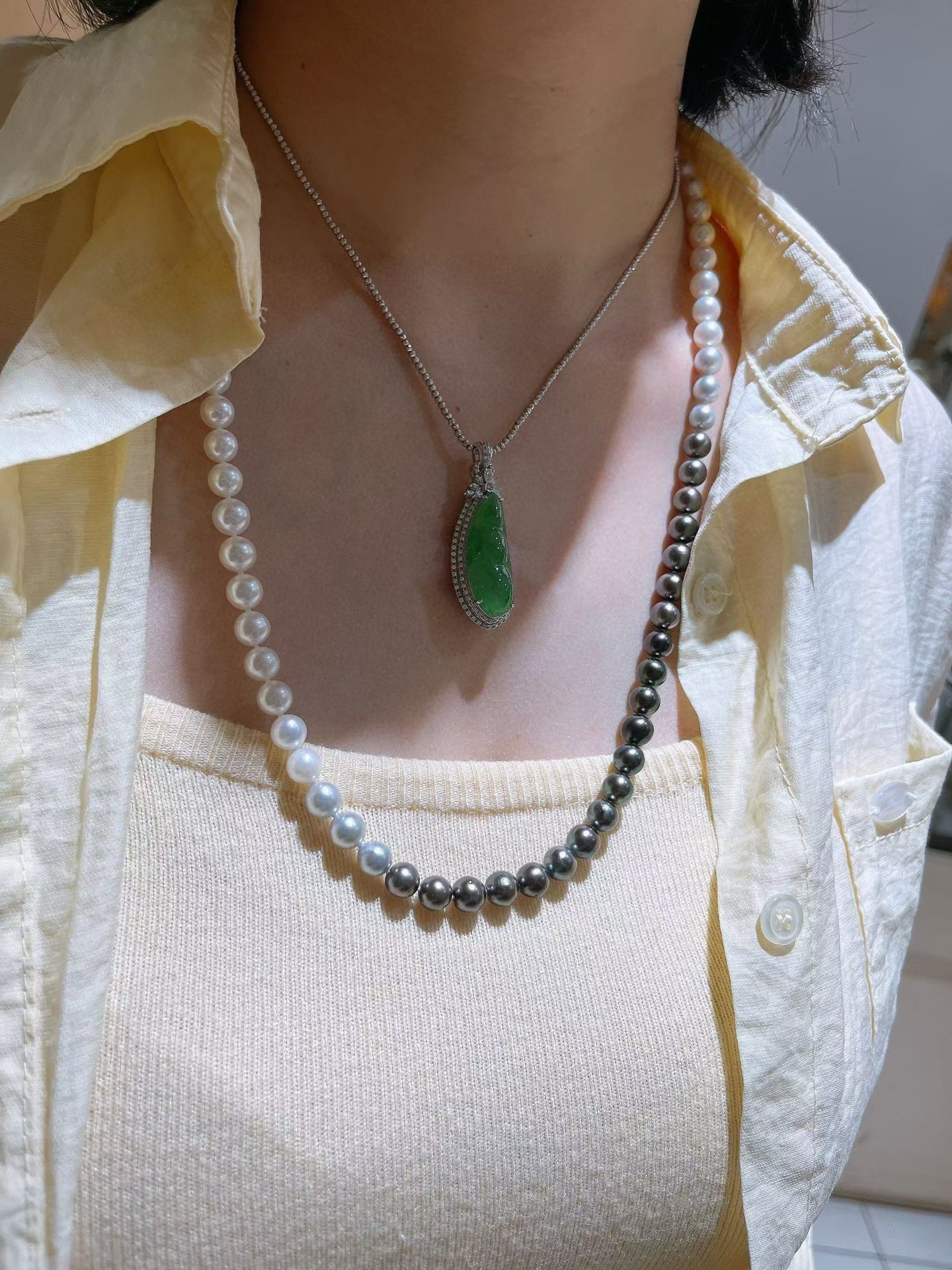 High quality aurora gradient color akoya & Tahitian pearls sweater necklace