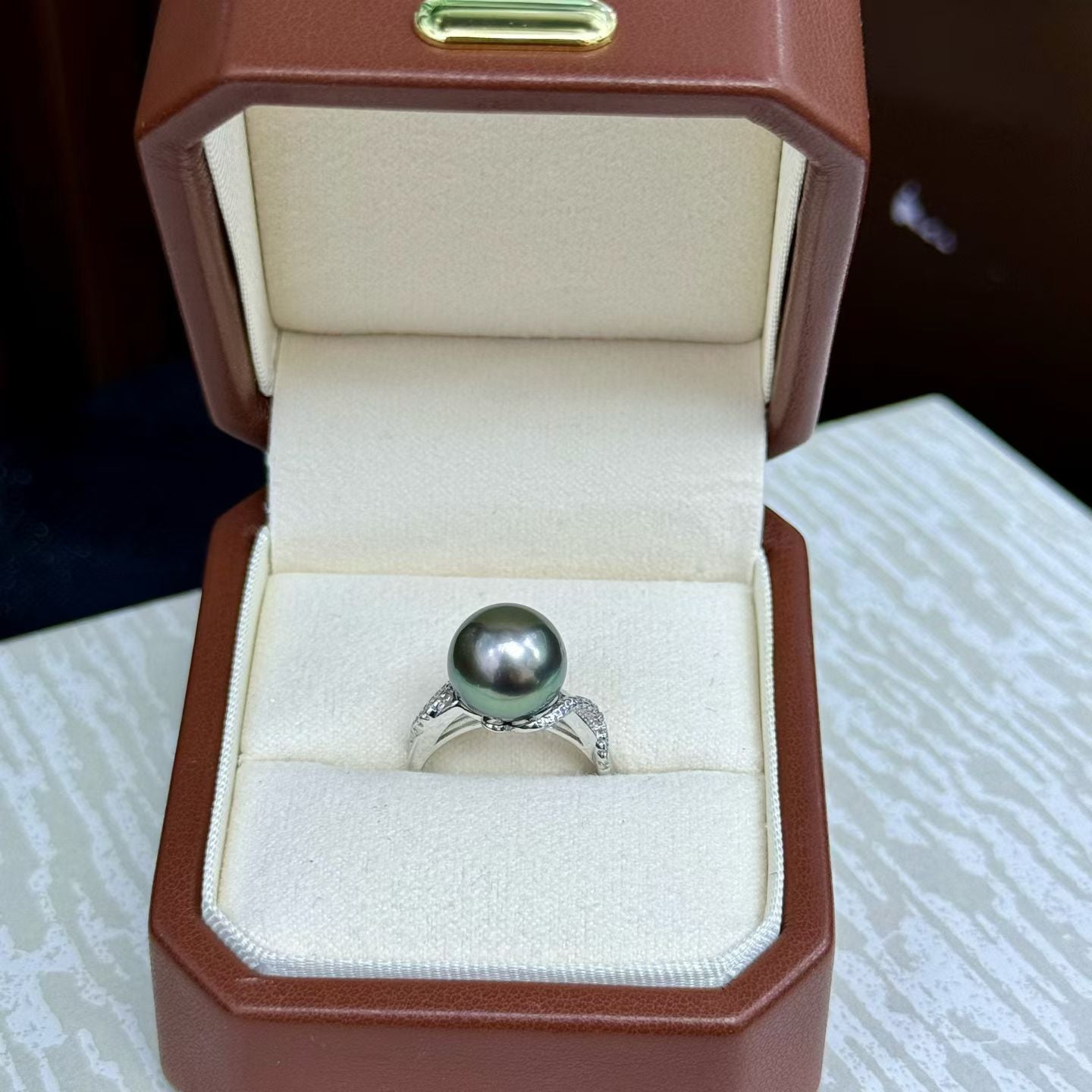 High quality malachite green color Tahitian pearl ring