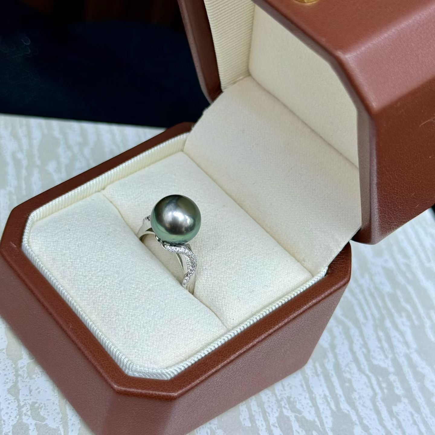 High quality malachite green color Tahitian pearl ring