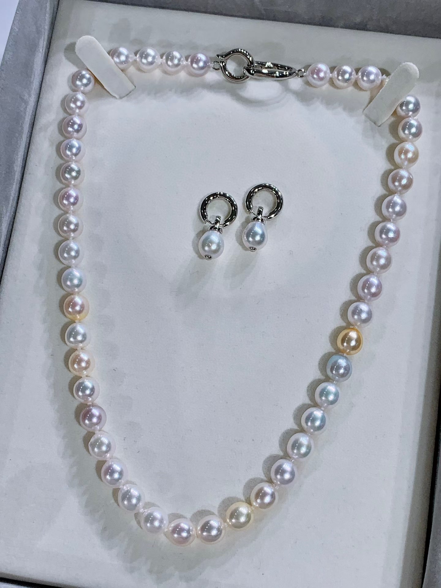 High quality aurora candy color seawater akoya pearls necklace & earrings a set