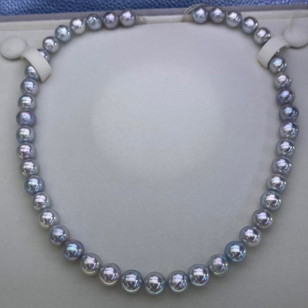 Top quality silver blue color  seawater MADAMA slightly baroque pearls necklace