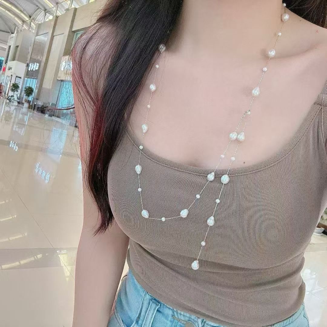 High quality “full star”aurora white Edison baroque pearls sweater necklace