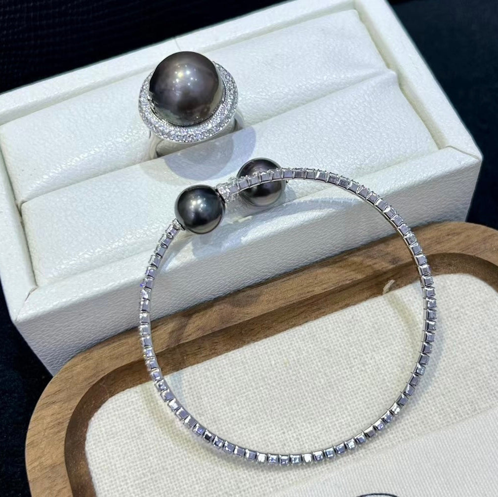 High quality black color Tahitian pearls bracelet & ring a set