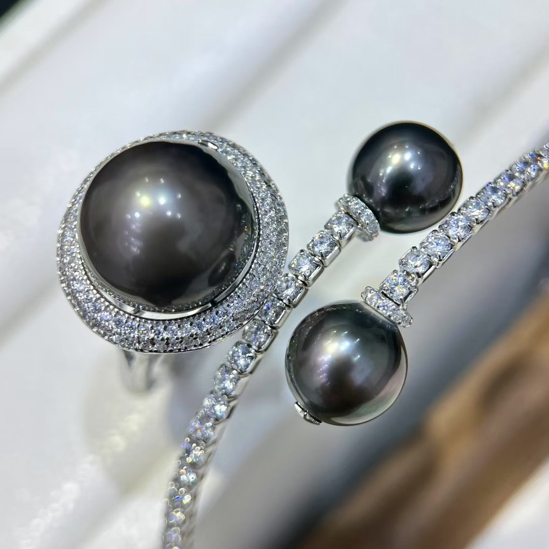 High quality black color Tahitian pearls bracelet & ring a set