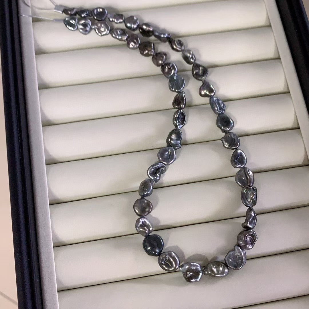 Top quality platinum grey color Tahitian keshi pearls necklace