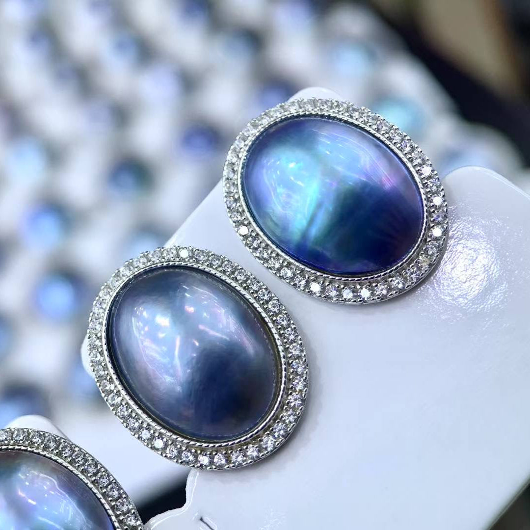 High quality sky blue color seawater Mabe pearls earrings