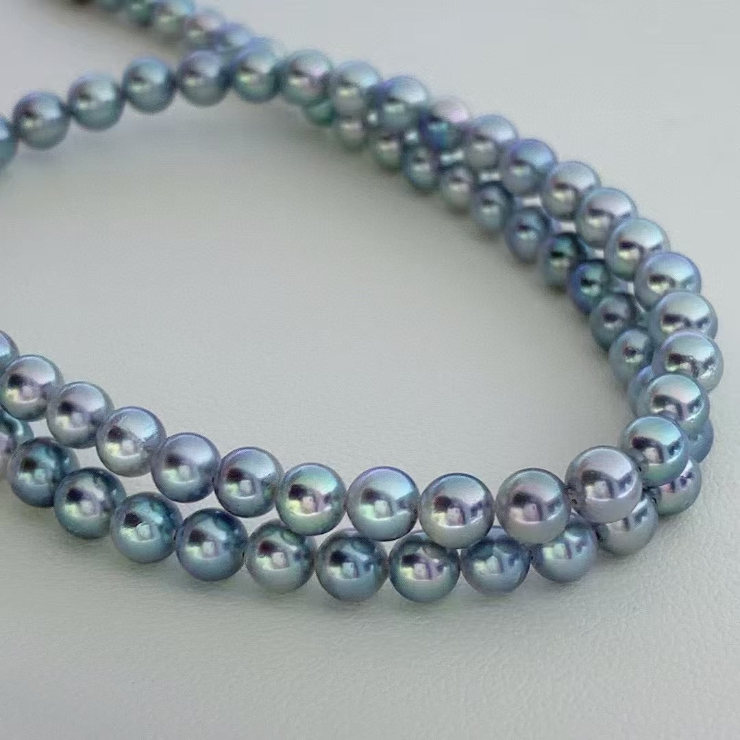 Top quality aurora silver blue rose color seawater akoya pearls necklace