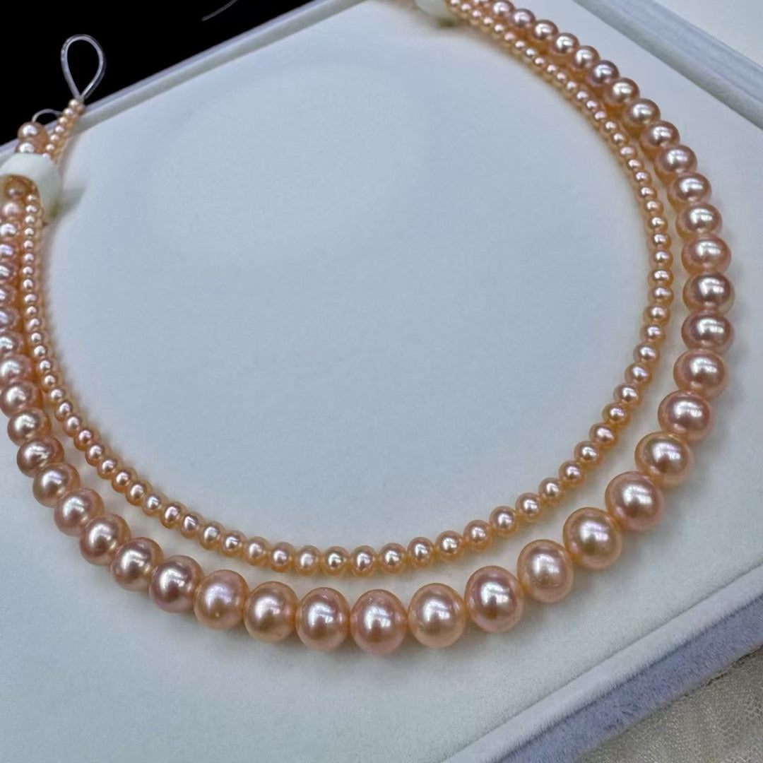 Top quality deep orange color freshwater pearls double necklace